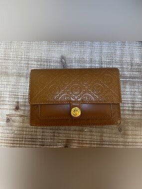 Cognac Embossed Leather Clutch with Gold-Tone Button